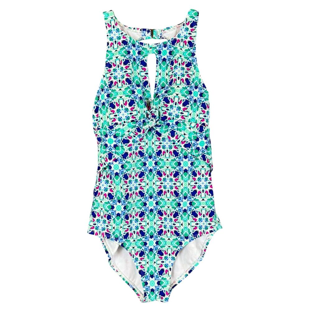 Jantzen 1pc Swimsuit Womens 10 Twist Front Teal Blue Pink Geometric Kaleidoscope